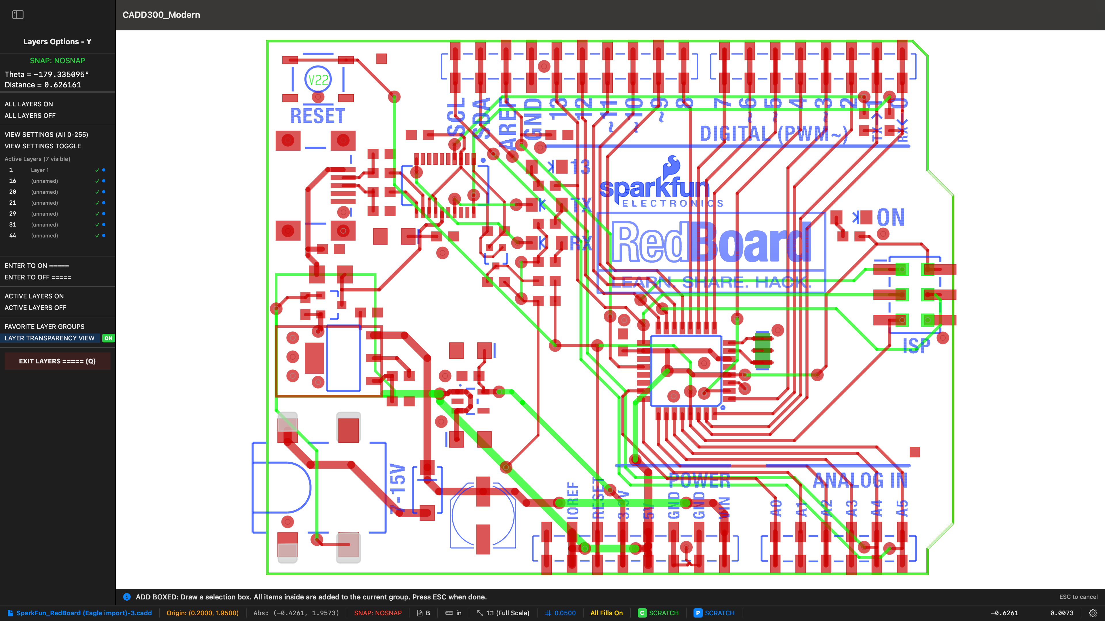 SparkFun RedBoard PCB layout imported from Eagle into CADD300 Modern, showing copper traces, component placement, and layer colors